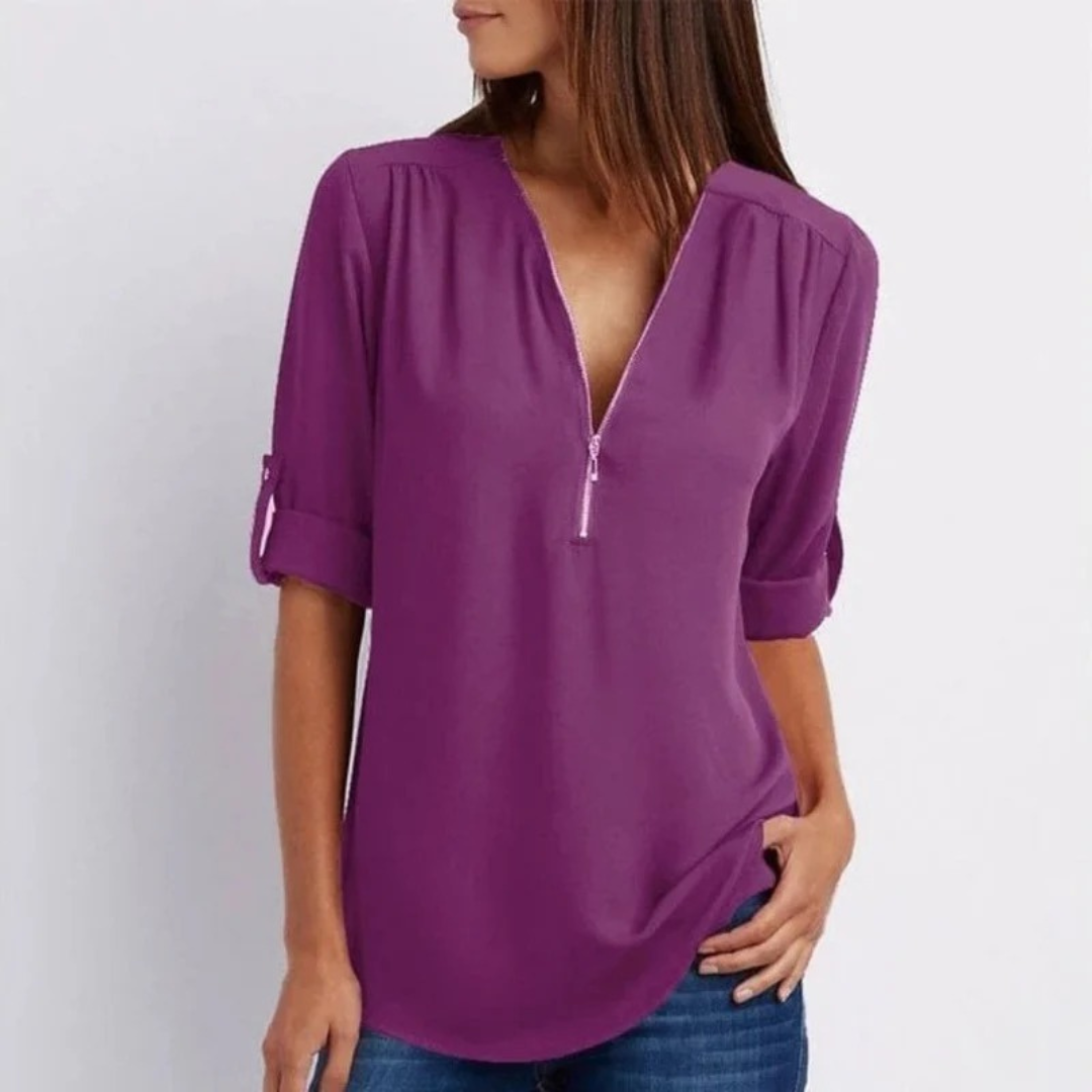Women’s Zip V-Neck Blouse – Relaxed Roll-Sleeve Top for Spring and Summer Wear