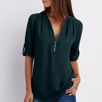 Women’s Zip V-Neck Blouse – Relaxed Roll-Sleeve Top for Spring and Summer Wear