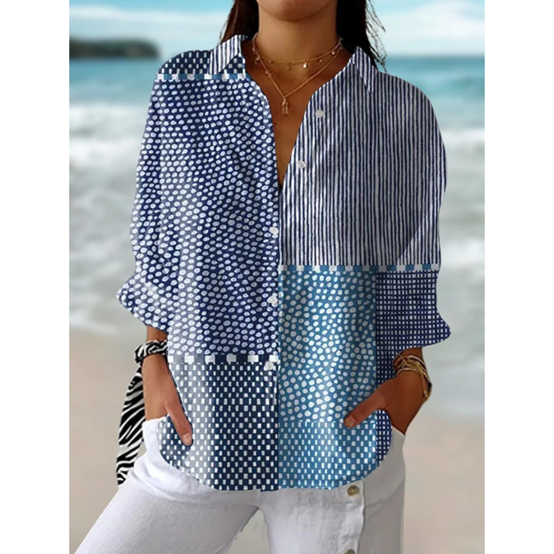 Women’s Printed Relaxed-Fit Blouse – Button-Up Three-Quarter Sleeve Top for Everyday and Holiday Wear