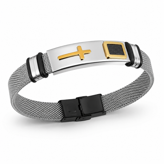 Silver and gold steel mesh cross bracelet on white