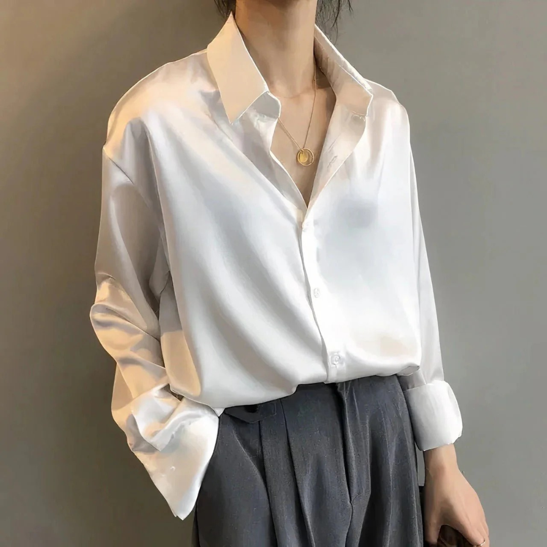 Women’s Satin-Look Shirt Blouse – Relaxed Long-Sleeve Style for Office and Smart Casual Wear