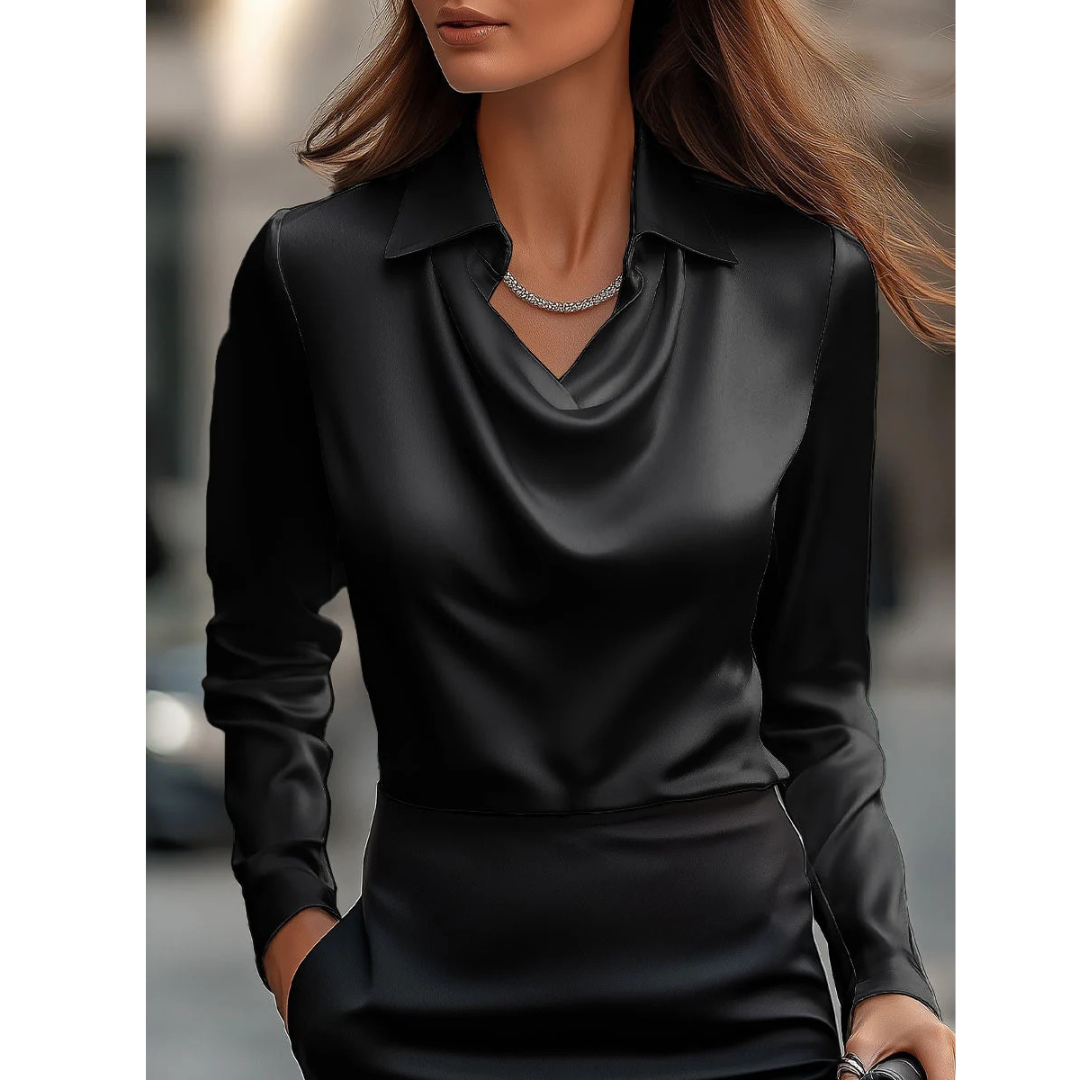 Women’s Satin Cowl Neck Blouse – Elegant Long-Sleeve Top for Office and Evening Wear