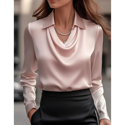 Women’s Satin Cowl Neck Blouse – Elegant Long-Sleeve Top for Office and Evening Wear