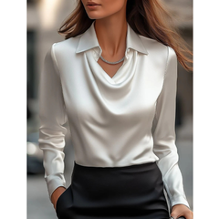 Women’s Satin Cowl Neck Blouse – Elegant Long-Sleeve Top for Office and Evening Wear