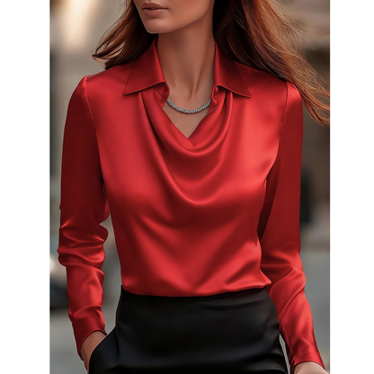 Women’s Satin Cowl Neck Blouse – Elegant Long-Sleeve Top for Office and Evening Wear