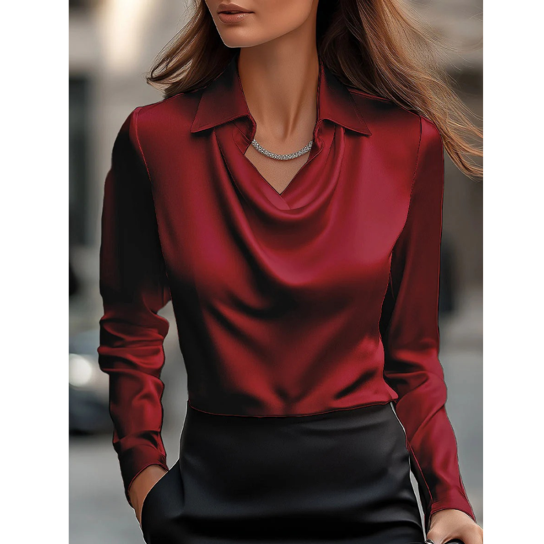 Women’s Satin Cowl Neck Blouse – Elegant Long-Sleeve Top for Office and Evening Wear