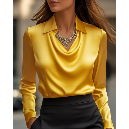 Women’s Satin Cowl Neck Blouse – Elegant Long-Sleeve Top for Office and Evening Wear