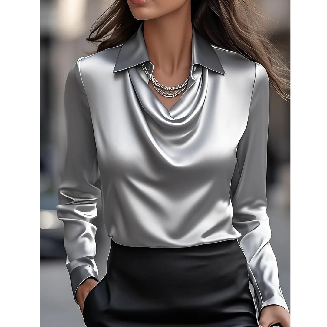 Women’s Satin Cowl Neck Blouse – Elegant Long-Sleeve Top for Office and Evening Wear