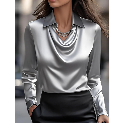 Women’s Satin Cowl Neck Blouse – Elegant Long-Sleeve Top for Office and Evening Wear