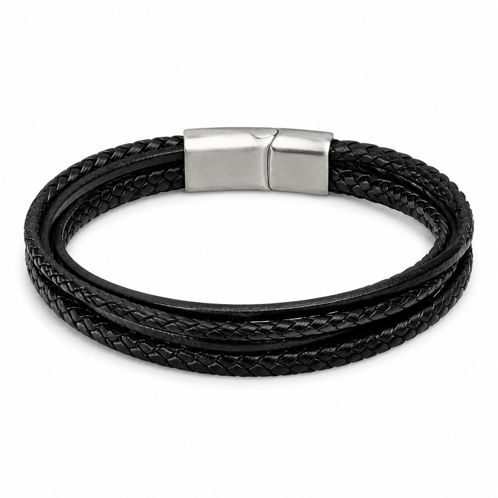 Black multi-layer woven leather bracelet on white