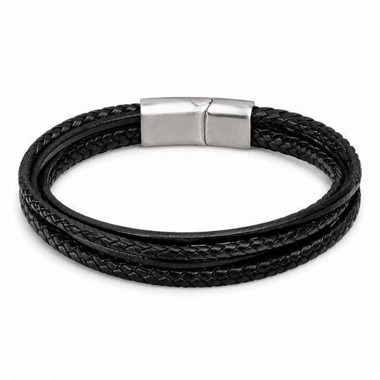 Black multi-layer woven leather bracelet on white