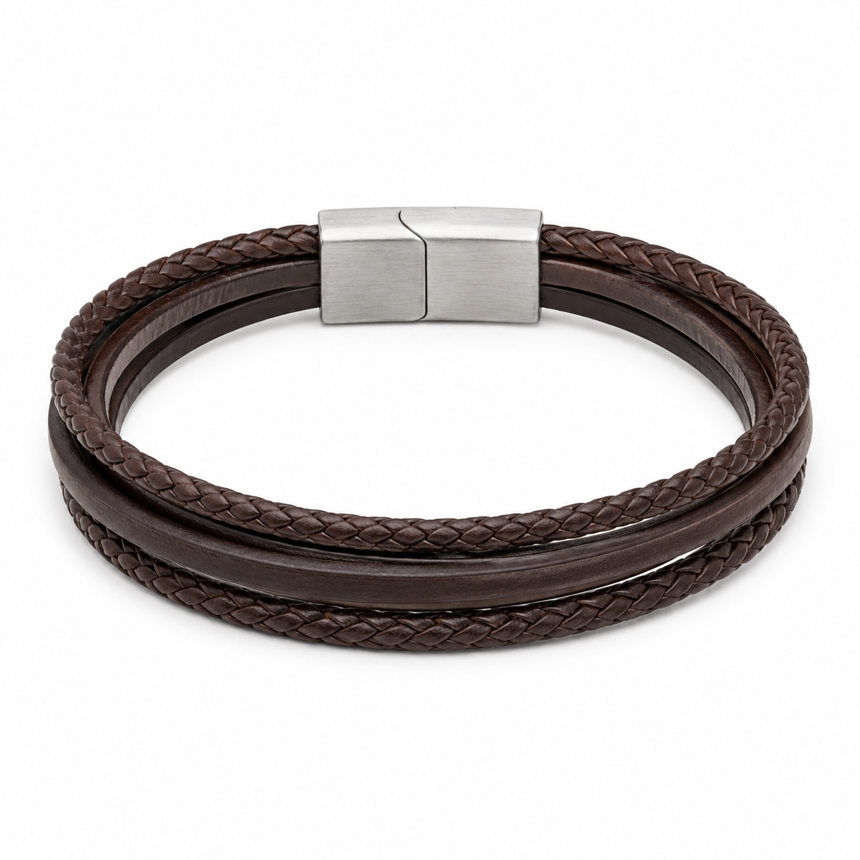 Coffee brown multi-layer woven leather bracelet on white