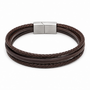 Coffee brown multi-layer woven leather bracelet on white