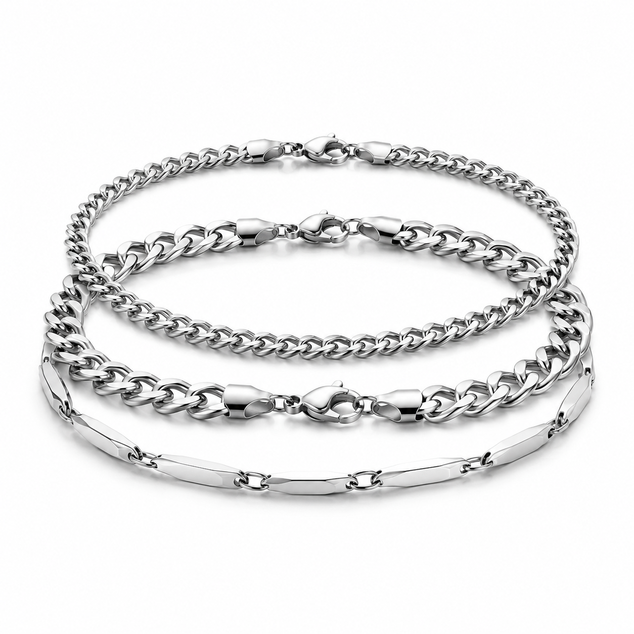 Three-piece stainless steel bracelet set on white