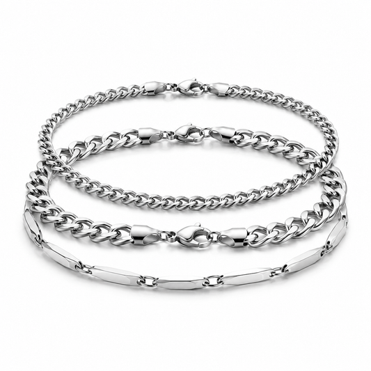 Three-piece stainless steel bracelet set on white