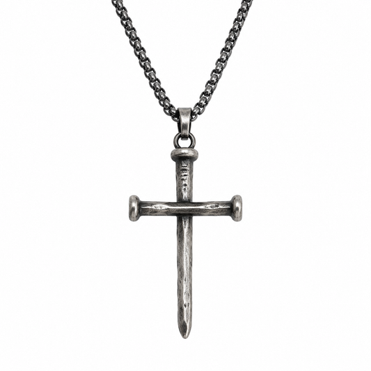 Men's antique silver-tone nail cross necklace