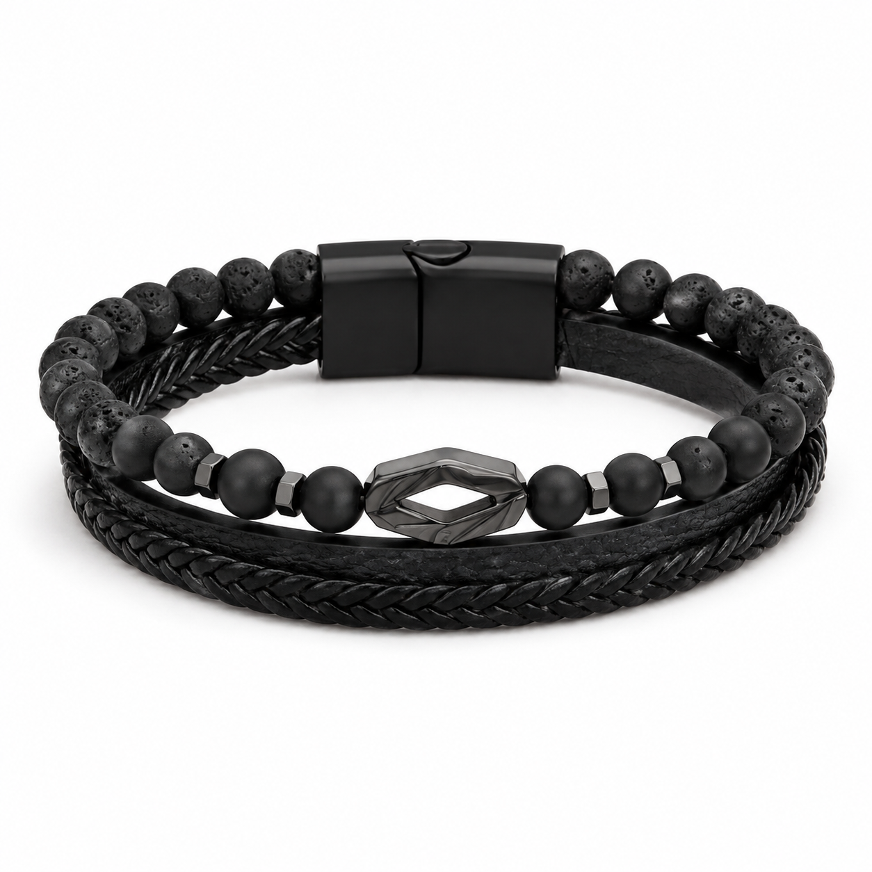 Black volcanic rock natural stone bracelet on white