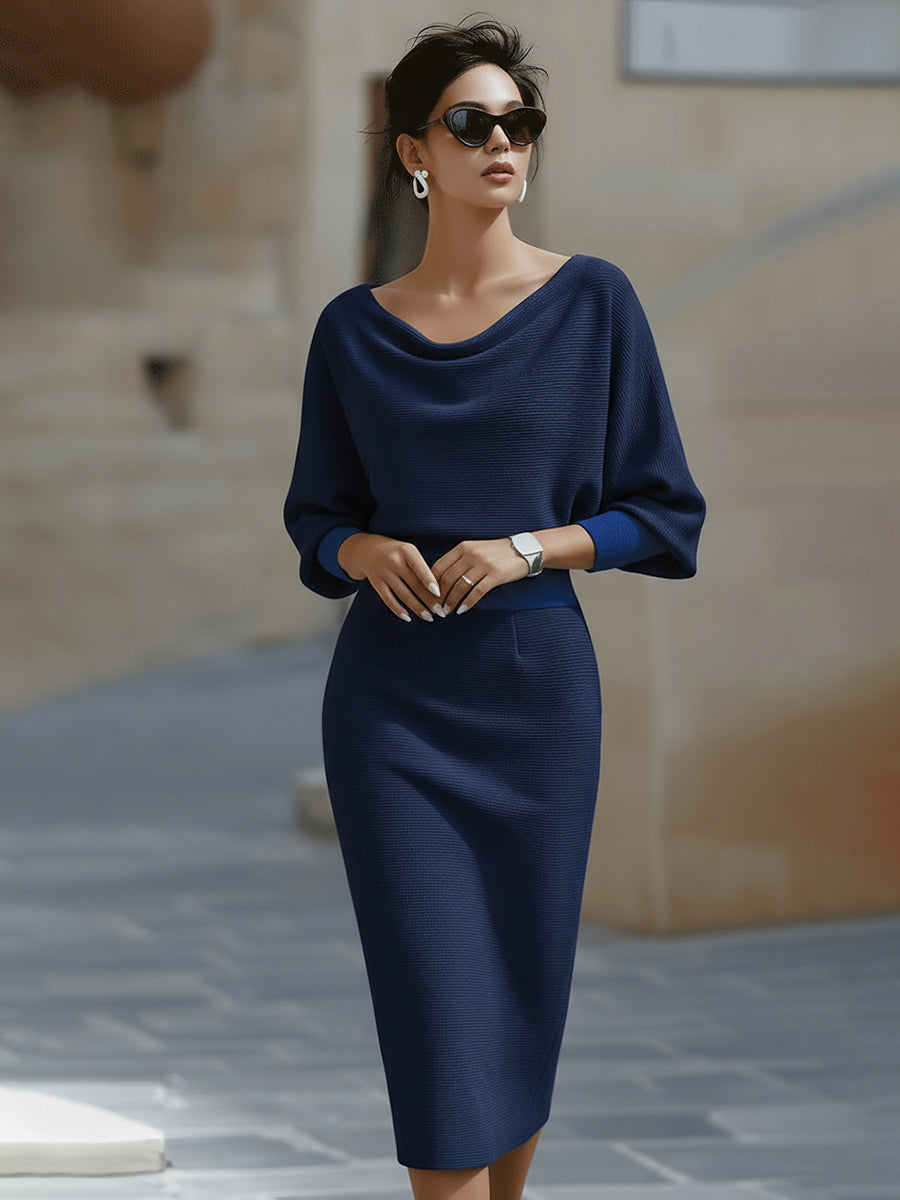 Women’s Cocktail Dress – Midi Dress with Cowl Neck and Ruched Waist