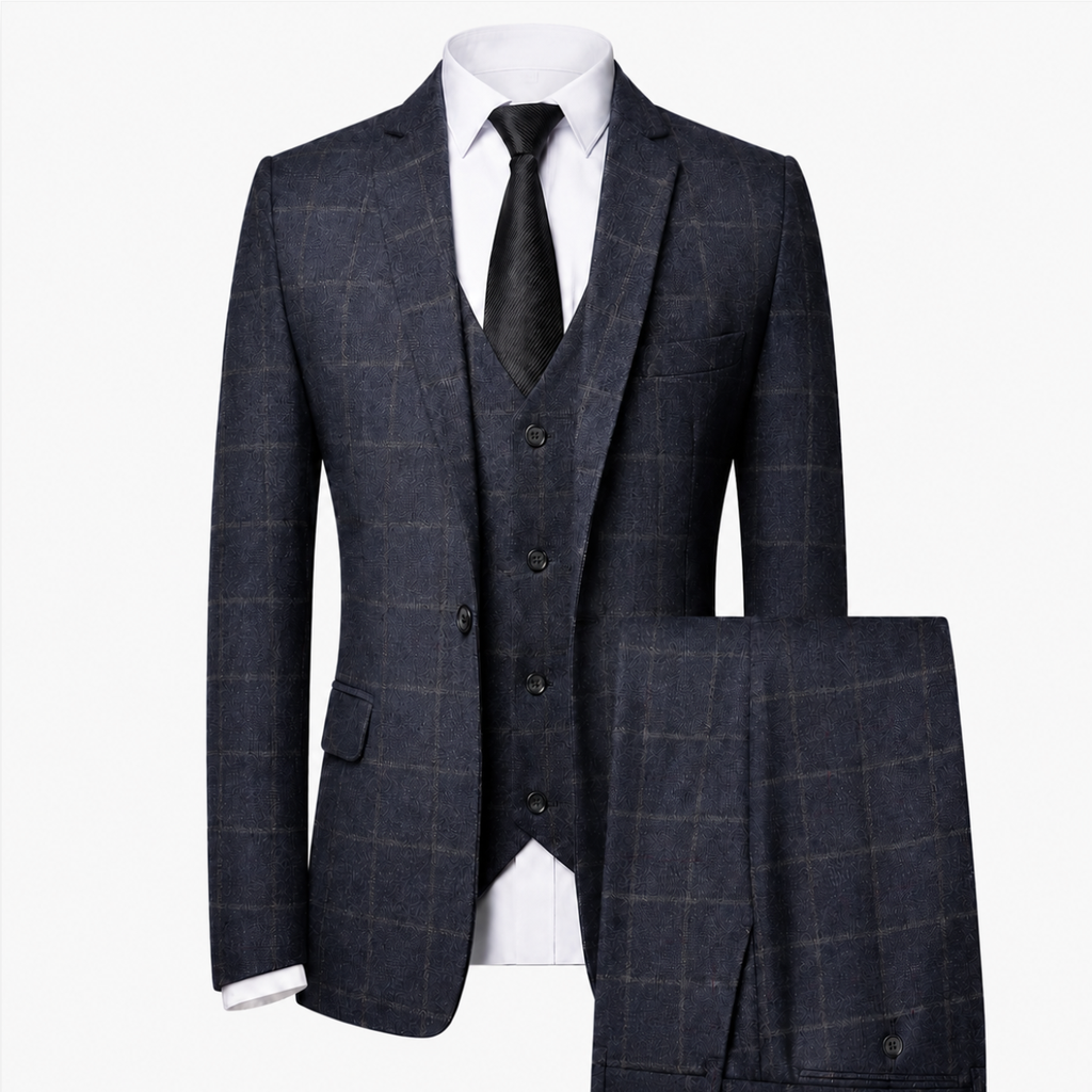 Men’s Checked Three-Piece Suit for Weddings Business and Formal Events