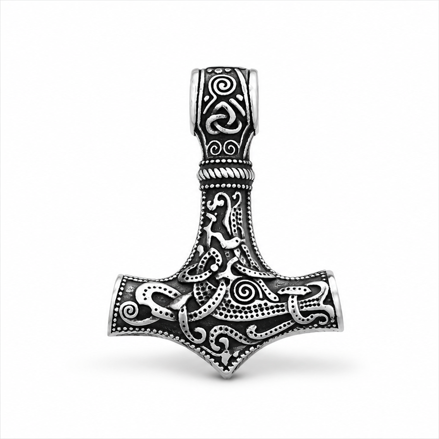 Nordic hammer rune pendant in ancient silver tone on white background