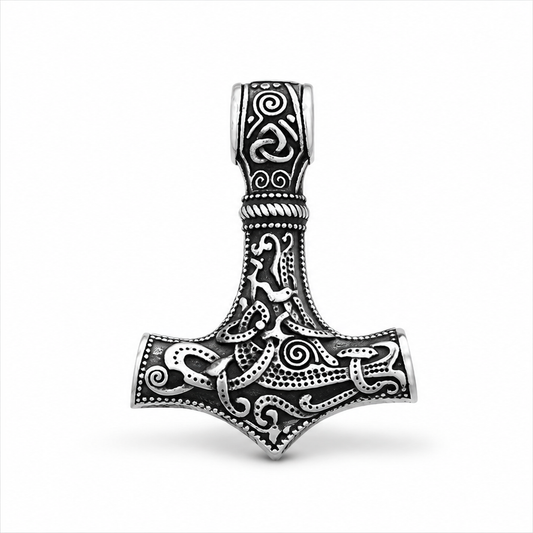 Nordic hammer rune pendant in ancient silver tone on white background