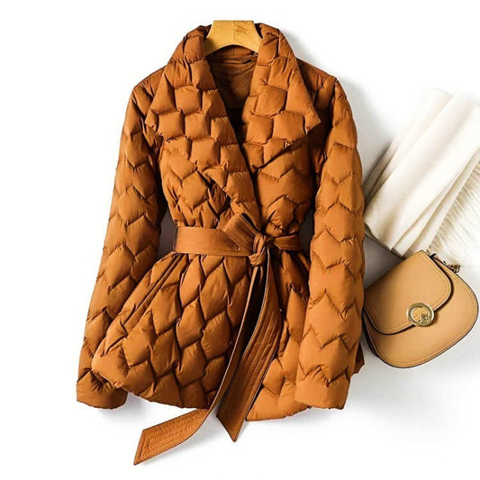Women’s Quilted Coat – Tie Belt with Wave Quilting