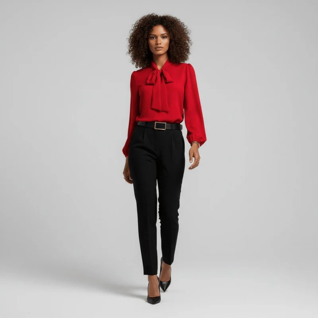 Women’s Bow Neck Blouse – Relaxed Long-Sleeve Style for Office and Smart Casual Wear