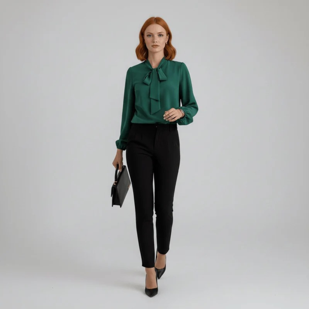 Women’s Bow Neck Blouse – Relaxed Long-Sleeve Style for Office and Smart Casual Wear