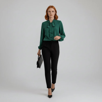 Women’s Bow Neck Blouse – Relaxed Long-Sleeve Style for Office and Smart Casual Wear