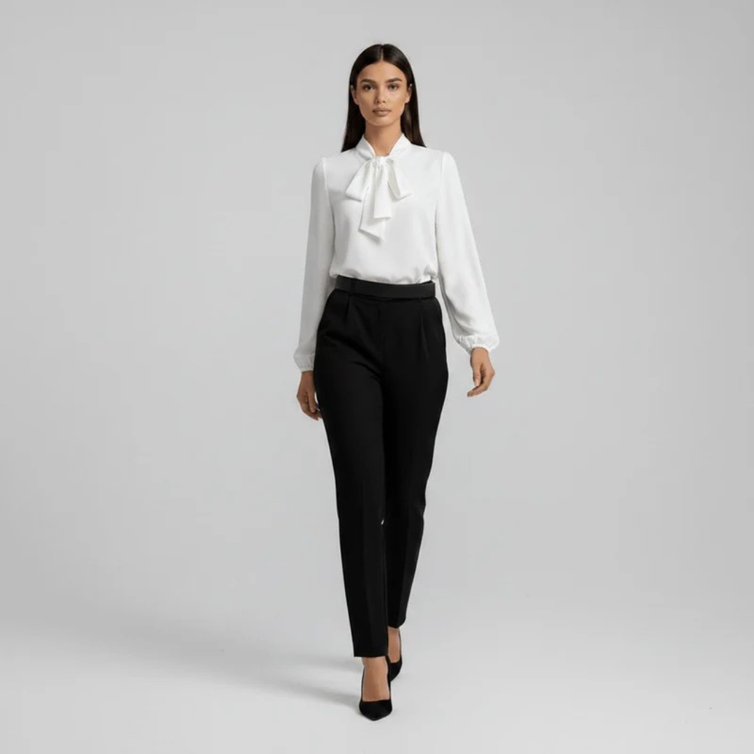 Women’s Bow Neck Blouse – Relaxed Long-Sleeve Style for Office and Smart Casual Wear
