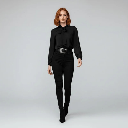 Women’s Bow Neck Blouse – Relaxed Long-Sleeve Style for Office and Smart Casual Wear