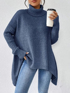 Women’s Oversized Turtleneck Sweater – Ribbed High-Neck Knit with Asymmetric Hem for Relaxed Winter Layering