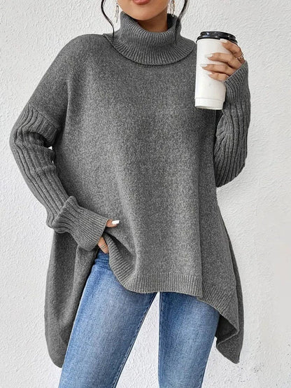 Women’s Oversized Turtleneck Sweater – Ribbed High-Neck Knit with Asymmetric Hem for Relaxed Winter Layering