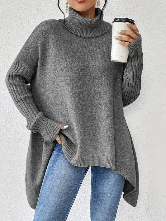 Women’s Oversized Turtleneck Sweater – Ribbed High-Neck Knit with Asymmetric Hem for Relaxed Winter Layering