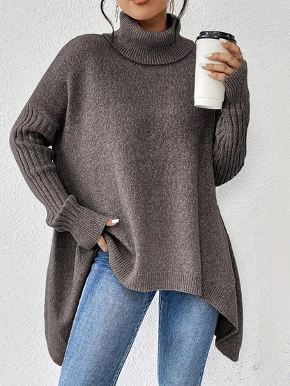 Women’s Oversized Turtleneck Sweater – Ribbed High-Neck Knit with Asymmetric Hem for Relaxed Winter Layering