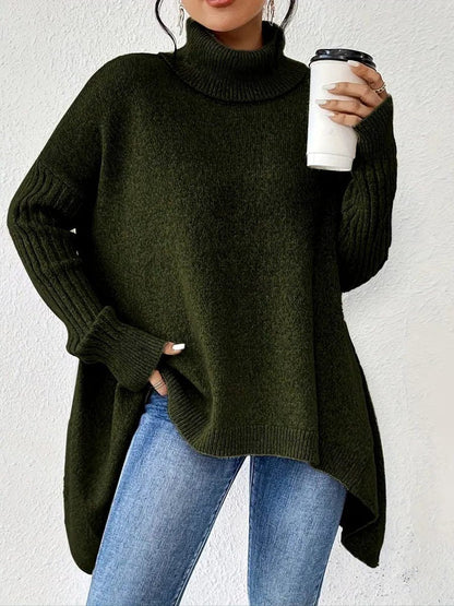 Women’s Oversized Turtleneck Sweater – Ribbed High-Neck Knit with Asymmetric Hem for Relaxed Winter Layering