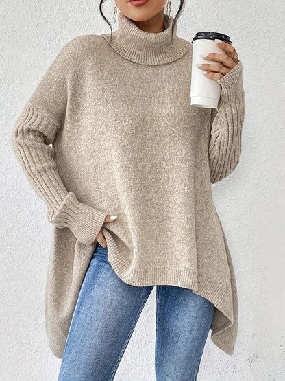 Women’s Oversized Turtleneck Sweater – Ribbed High-Neck Knit with Asymmetric Hem for Relaxed Winter Layering