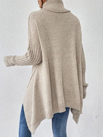 Women’s Oversized Turtleneck Sweater – Ribbed High-Neck Knit with Asymmetric Hem for Relaxed Winter Layering