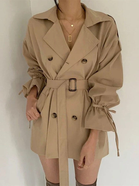 Women’s Oversized Double-Breasted Trench Coat – Belted Relaxed-Fit Coat with Wide Lapels and Tie Cuffs