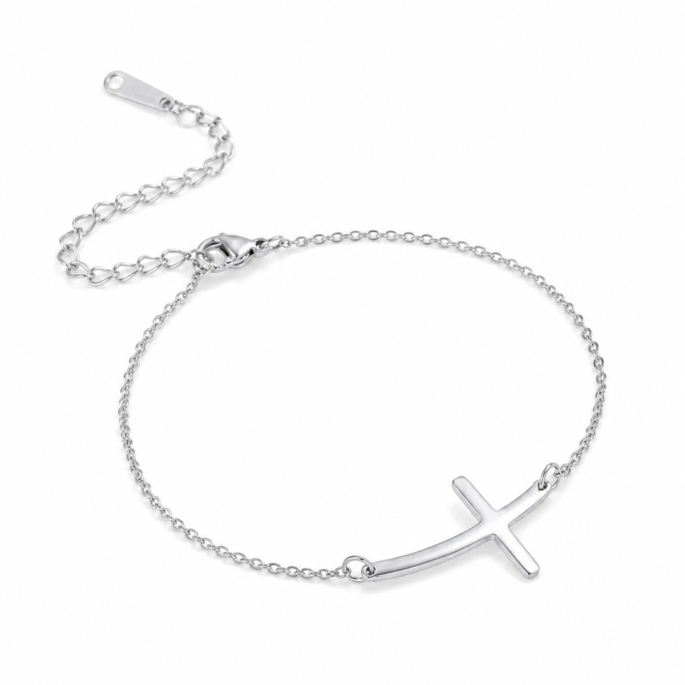 Minimal Cross Pendant Bracelet – Steel Tone on white