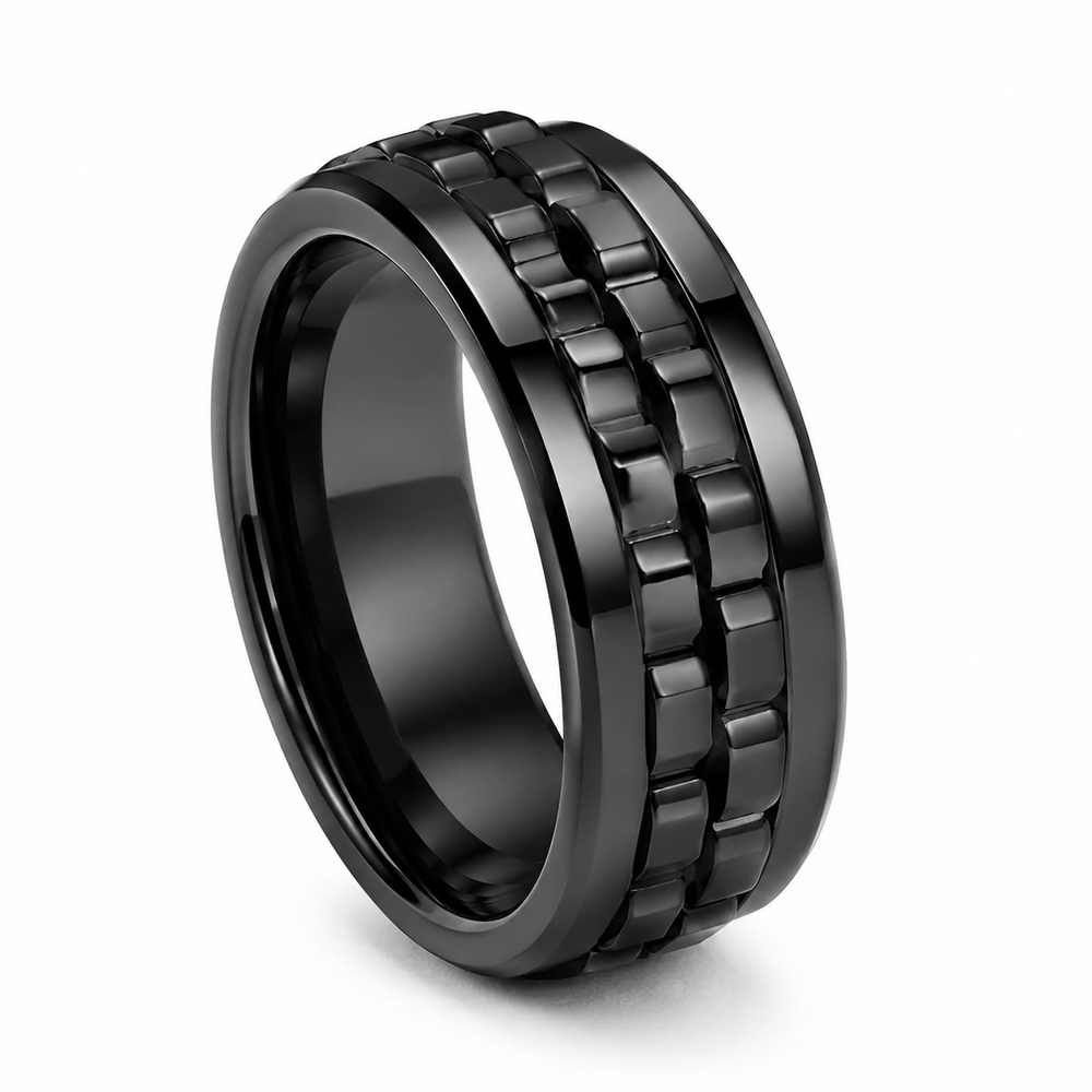 Square-Texture Titanium Spinner Ring – Black on white