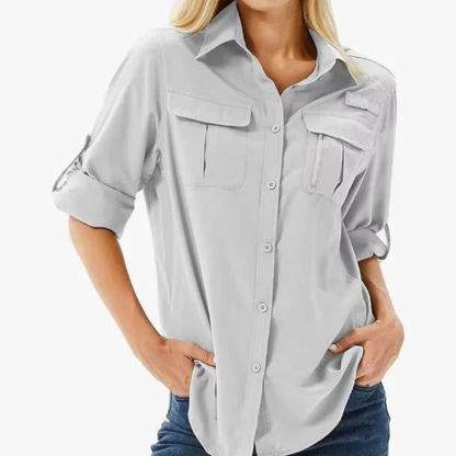 Women’s Utility Shirt Blouse – Relaxed Roll-Sleeve Top for Travel and Everyday Wear