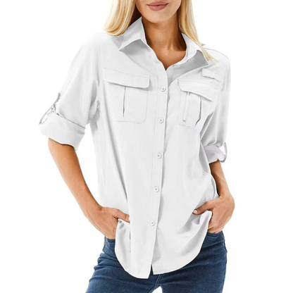 Women’s Utility Shirt Blouse – Relaxed Roll-Sleeve Top for Travel and Everyday Wear