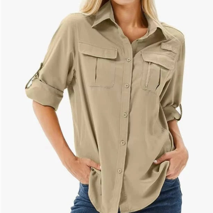Women’s Utility Shirt Blouse – Relaxed Roll-Sleeve Top for Travel and Everyday Wear