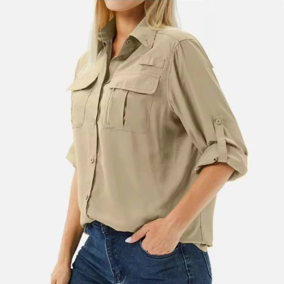 Women’s Utility Shirt Blouse – Relaxed Roll-Sleeve Top for Travel and Everyday Wear