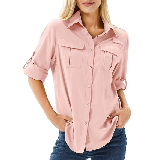Women’s Utility Shirt Blouse – Relaxed Roll-Sleeve Top for Travel and Everyday Wear