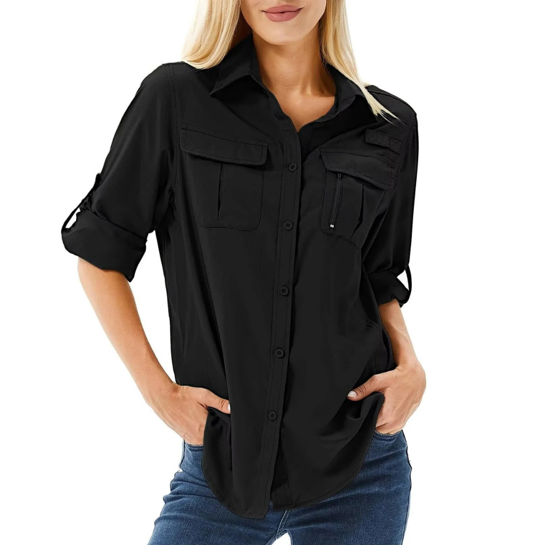 Women’s Utility Shirt Blouse – Relaxed Roll-Sleeve Top for Travel and Everyday Wear