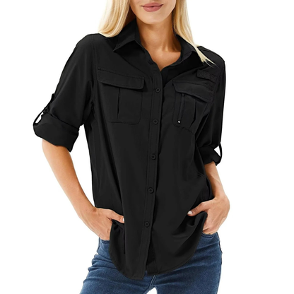 Women’s Utility Shirt Blouse – Relaxed Roll-Sleeve Top for Travel and Everyday Wear