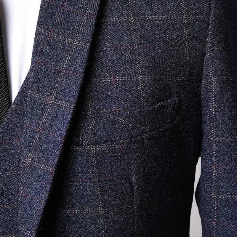 Men’s Checked Three-Piece Suit for Weddings Business and Formal Events