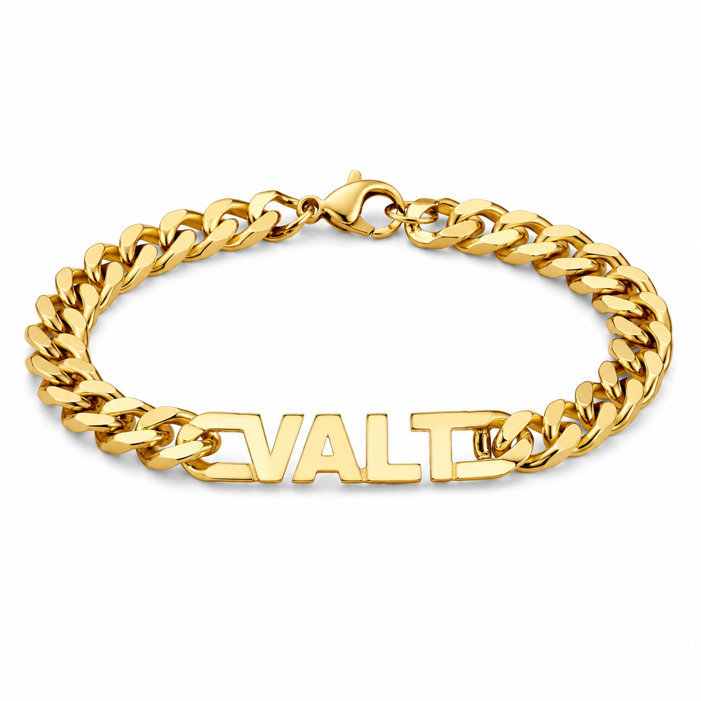 Personalized Cuban name bracelet in gold tone on white background